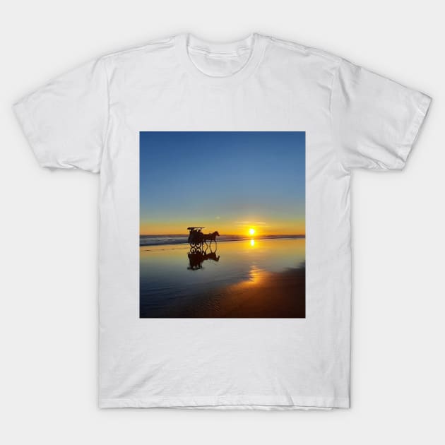 Horse-drawn carriages on beach at sunset 3 T-Shirt by kall3bu